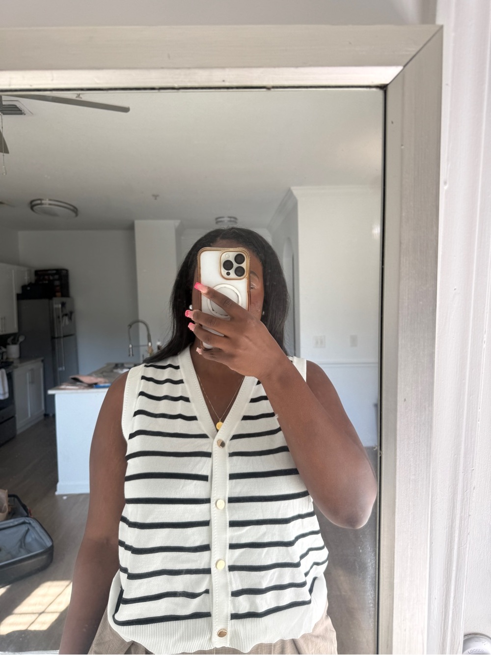SHEIN Black & White Striped Button Front Knit Vest